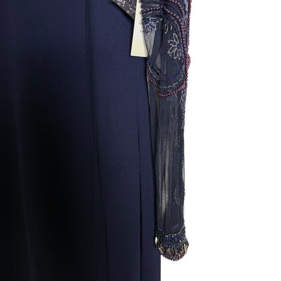 Badgley Mischka Navy Blue Beaded Long Sleeve Bateau Neck Train Gown Size 12 - Picture 12 of 16